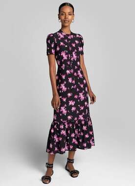 A.L.C. Dylan Black Purple Floral Short Sleeve Silk Ruffle Hem Midi Dress 10